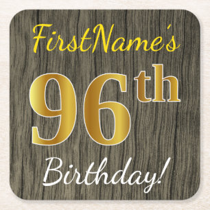 Faux Wood, Faux Gold 96th Birthday + Custom Name Square Paper Coaster