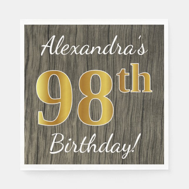 Faux Wood, Faux Gold 98th Birthday + Custom Name Napkin (Front)