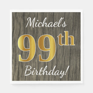 Faux Wood, Faux Gold 99th Birthday + Custom Name Napkin