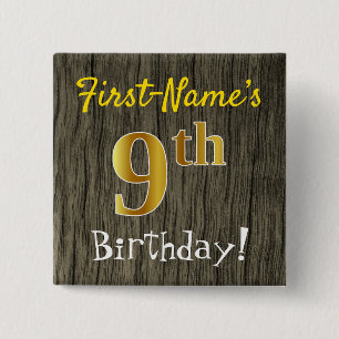Faux Wood, Faux Gold 9th Birthday + Custom Name 2 Inch Square Button