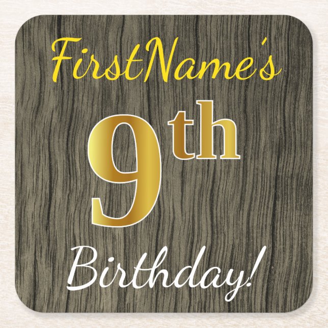 Faux Wood, Faux Gold 9th Birthday + Custom Name Square Paper Coaster (Front)