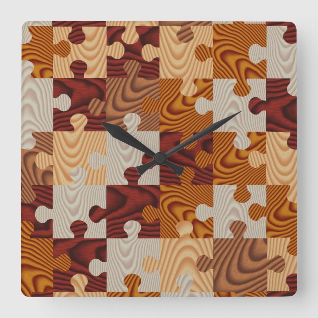 Faux wood jigsaw puzzle square wall clock (Front)
