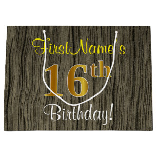 Faux Wood Look, Faux Gold 16th Birthday + Name Large Gift Bag