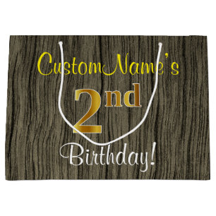 Faux Wood Look, Faux Gold 2nd Birthday + Name Large Gift Bag