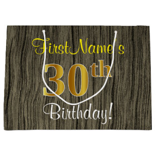 Faux Wood Look, Faux Gold 30th Birthday + Name Large Gift Bag