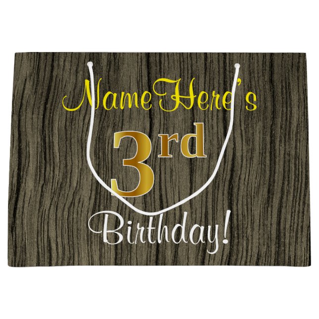 Faux Wood Look, Faux Gold 3rd Birthday + Name Large Gift Bag (Front)