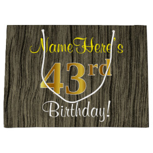 Faux Wood Look, Faux Gold 43rd Birthday + Name Large Gift Bag