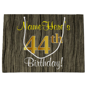 Faux Wood Look, Faux Gold 44th Birthday + Name Large Gift Bag