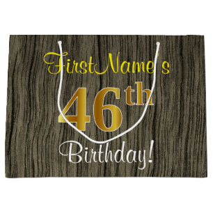 Faux Wood Look, Faux Gold 46th Birthday + Name Large Gift Bag