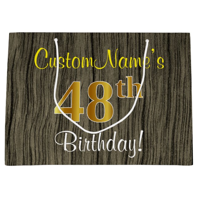 Faux Wood Look, Faux Gold 48th Birthday + Name Large Gift Bag (Front)