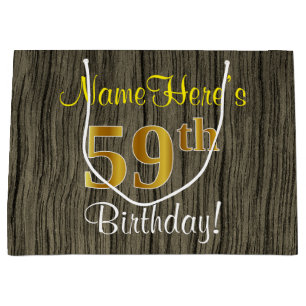 Faux Wood Look, Faux Gold 59th Birthday + Name Large Gift Bag