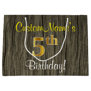 Faux Wood Look, Faux Gold 5th Birthday + Name Large Gift Bag