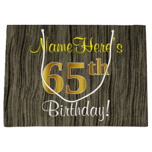 Faux Wood Look, Faux Gold 65th Birthday + Name Large Gift Bag