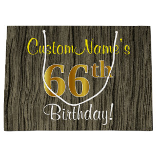 Faux Wood Look, Faux Gold 66th Birthday + Name Large Gift Bag