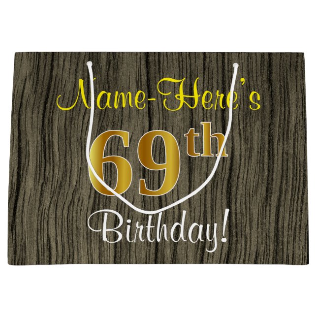 Faux Wood Look, Faux Gold 69th Birthday + Name Large Gift Bag (Front)