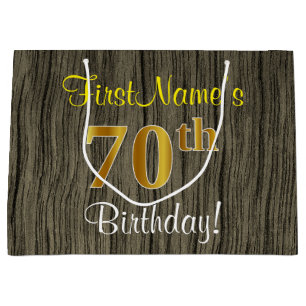Faux Wood Look, Faux Gold 70th Birthday + Name Large Gift Bag