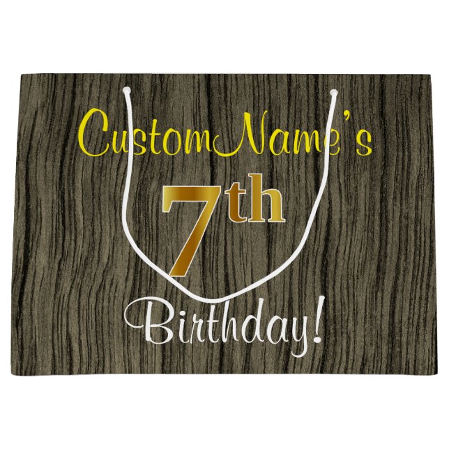 Faux Wood Look, Faux Gold 7th Birthday + Name Large Gift Bag (Front)