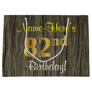 Faux Wood Look, Faux Gold 82nd Birthday + Name Large Gift Bag
