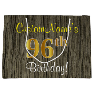 Faux Wood Look, Faux Gold 96th Birthday + Name Large Gift Bag
