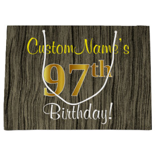 Faux Wood Look, Faux Gold 97th Birthday + Name Large Gift Bag