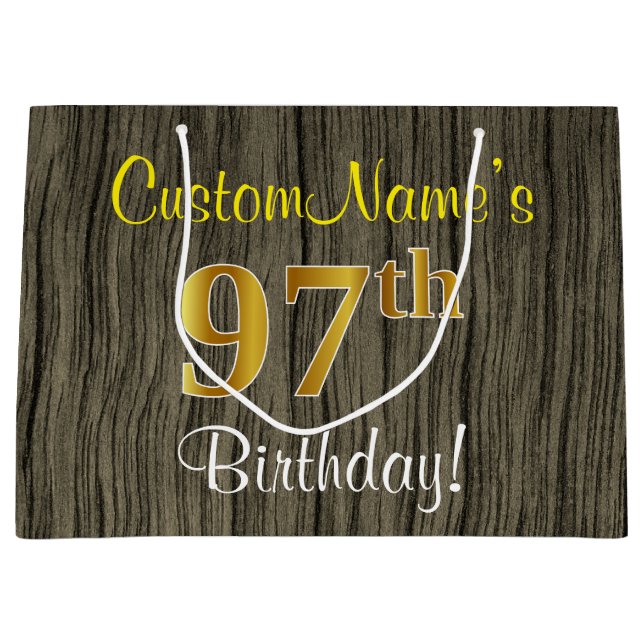 Faux Wood Look, Faux Gold 97th Birthday + Name Large Gift Bag (Front)