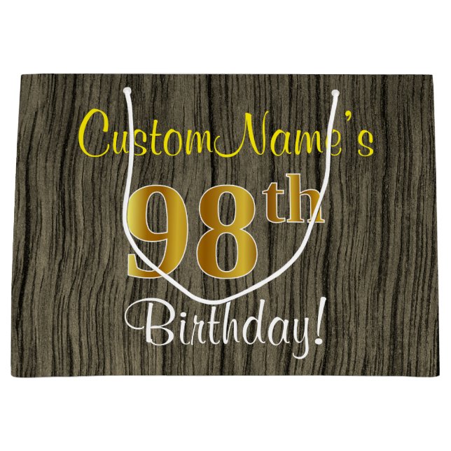 Faux Wood Look, Faux Gold 98th Birthday + Name Large Gift Bag (Front)