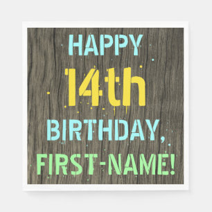 Faux Wood, Painted Text Look, 14th Birthday + Name Napkin