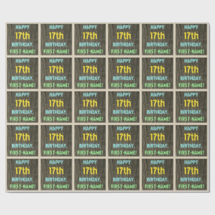 Faux Wood, Painted Text Look, 17th Birthday + Name Wrapping Paper