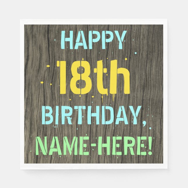 Faux Wood, Painted Text Look, 18th Birthday + Name Napkin (Front)