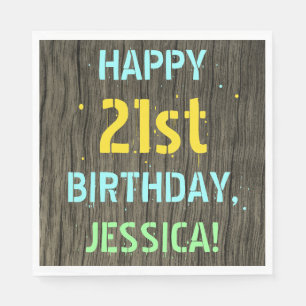 Faux Wood, Painted Text Look, 21st Birthday + Name Napkin