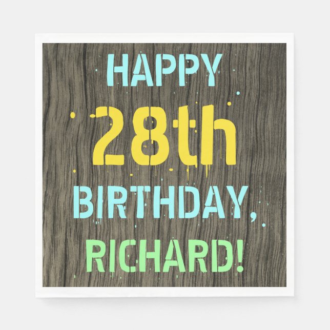 Faux Wood, Painted Text Look, 28th Birthday + Name Napkin (Front)