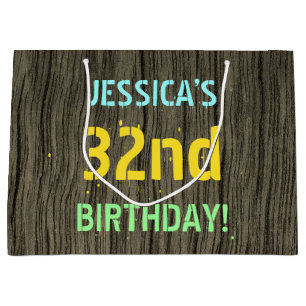 Faux Wood, Painted Text Look, 32nd Birthday + Name Large Gift Bag