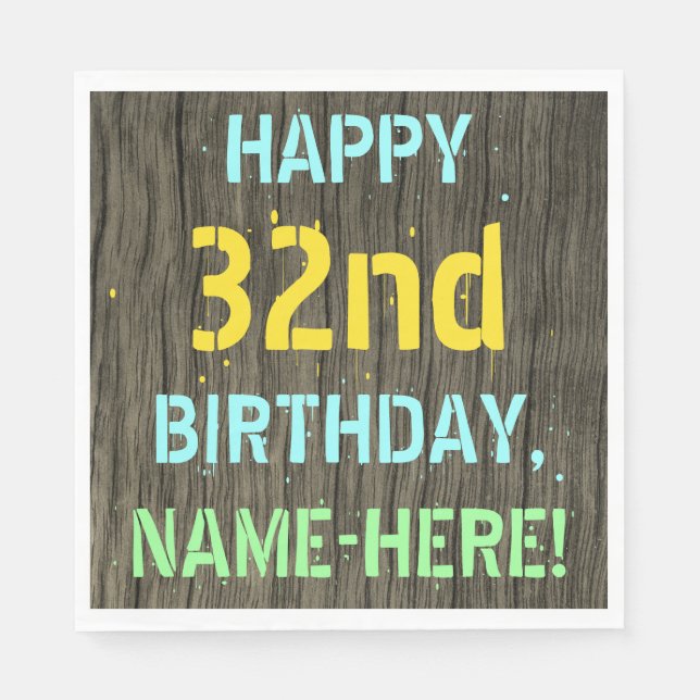 Faux Wood, Painted Text Look, 32nd Birthday + Name Napkin (Front)
