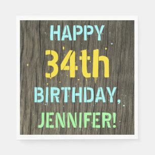 Faux Wood, Painted Text Look, 34th Birthday + Name Napkin