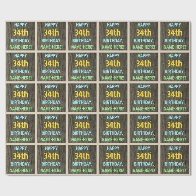 Faux Wood, Painted Text Look, 34th Birthday + Name Wrapping Paper (Flat)