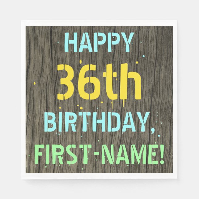 Faux Wood, Painted Text Look, 36th Birthday + Name Napkin (Front)