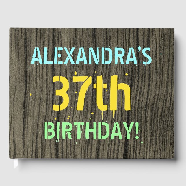 Faux Wood, Painted Text Look, 37th Birthday + Name Guest Book (Front)