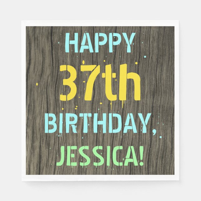 Faux Wood, Painted Text Look, 37th Birthday + Name Napkin (Front)