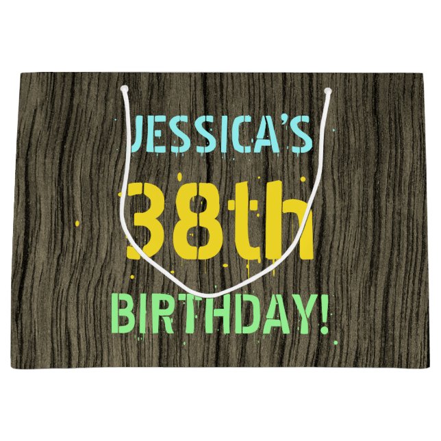 Faux Wood, Painted Text Look, 38th Birthday + Name Large Gift Bag (Front)