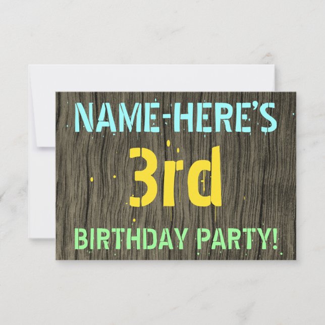 Faux Wood, Painted Text Look, 3rd Birthday + Name Invitation (Front)