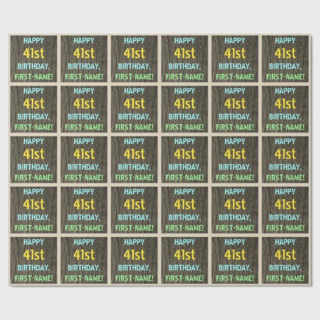 Faux Wood, Painted Text Look, 41st Birthday + Name Wrapping Paper (Flat)