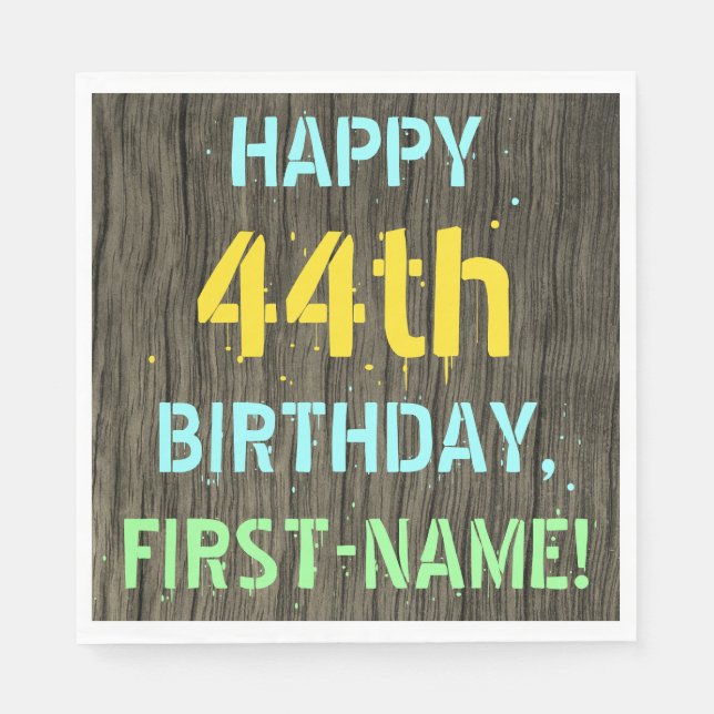 Faux Wood, Painted Text Look, 44th Birthday + Name Napkin (Front)