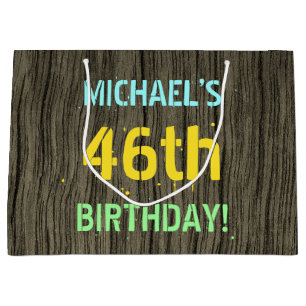 Faux Wood, Painted Text Look, 46th Birthday + Name Large Gift Bag