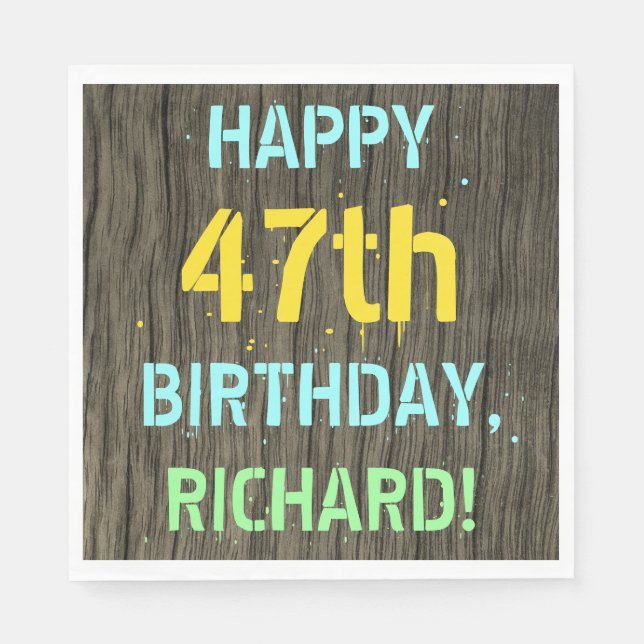 Faux Wood, Painted Text Look, 47th Birthday + Name Napkin (Front)