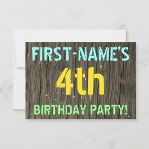 Faux Wood, Painted Text Look, 4th Birthday + Name Invitation