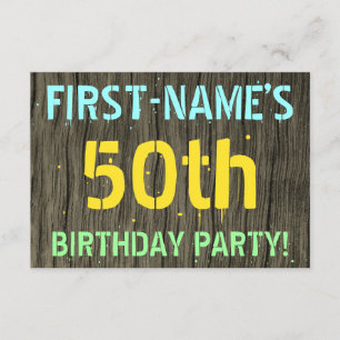 Faux Wood, Painted Text Look, 50th Birthday + Name Invitation