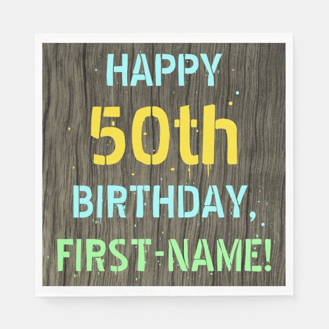 Faux Wood, Painted Text Look, 50th Birthday + Name Napkin (Front)