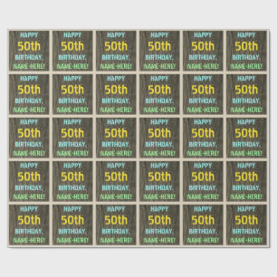 Faux Wood, Painted Text Look, 50th Birthday + Name Wrapping Paper