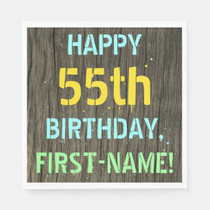 Faux Wood, Painted Text Look, 55th Birthday + Name Napkin