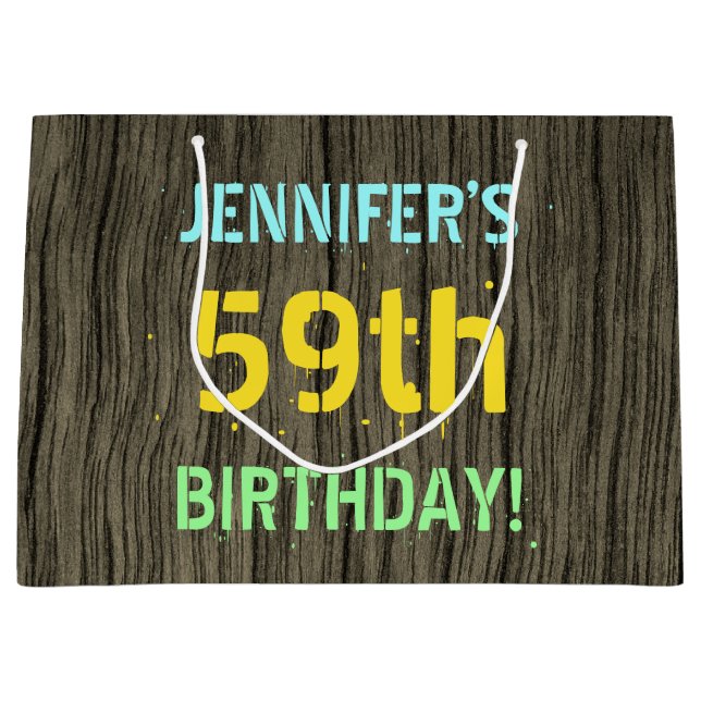 Faux Wood, Painted Text Look, 59th Birthday + Name Large Gift Bag (Front)